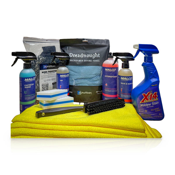 Malco Marine Maintenance Bundle on white: Express Shine SiO2 spray, VIP vinyl and plastic cleaner, Hydrofoam boat wash 32 oz, Deck & Surface cleaner, X-14 Mildew Stain Remover, Wash Monster mitt, Dreadnought drying towel, two magic sponges, upholstery brush and yellow microfiber towels