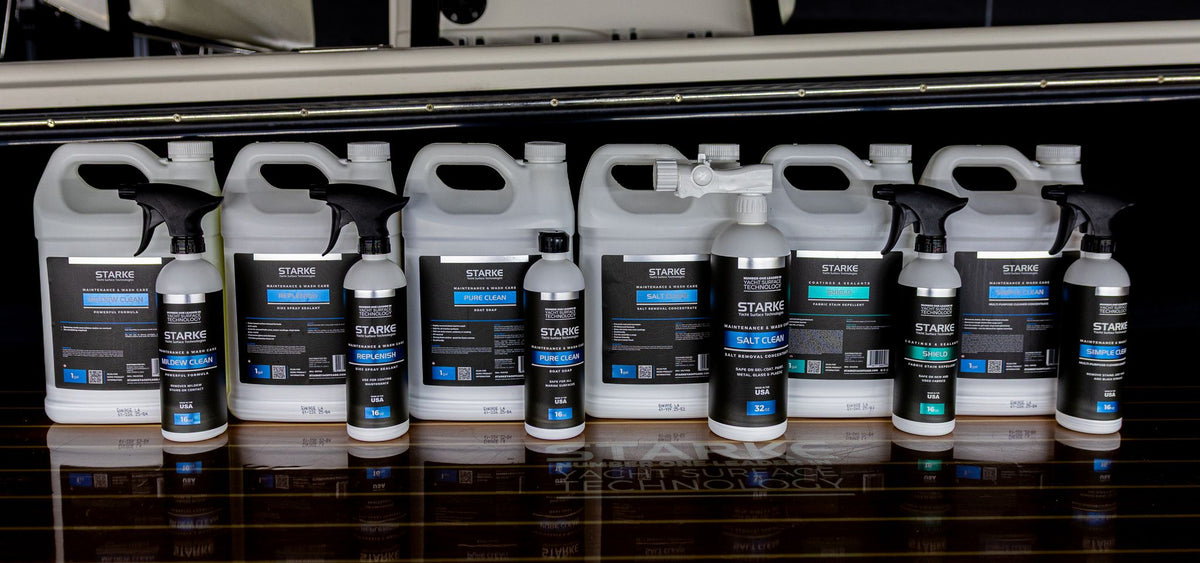 STARKE maintenance and wash care products lined up on a boat deck