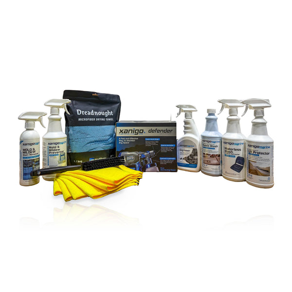 Xanigo Mold and Mildew Kit Premium with atomizer box, six Xanigo Marine cleaners, towels and brush on white